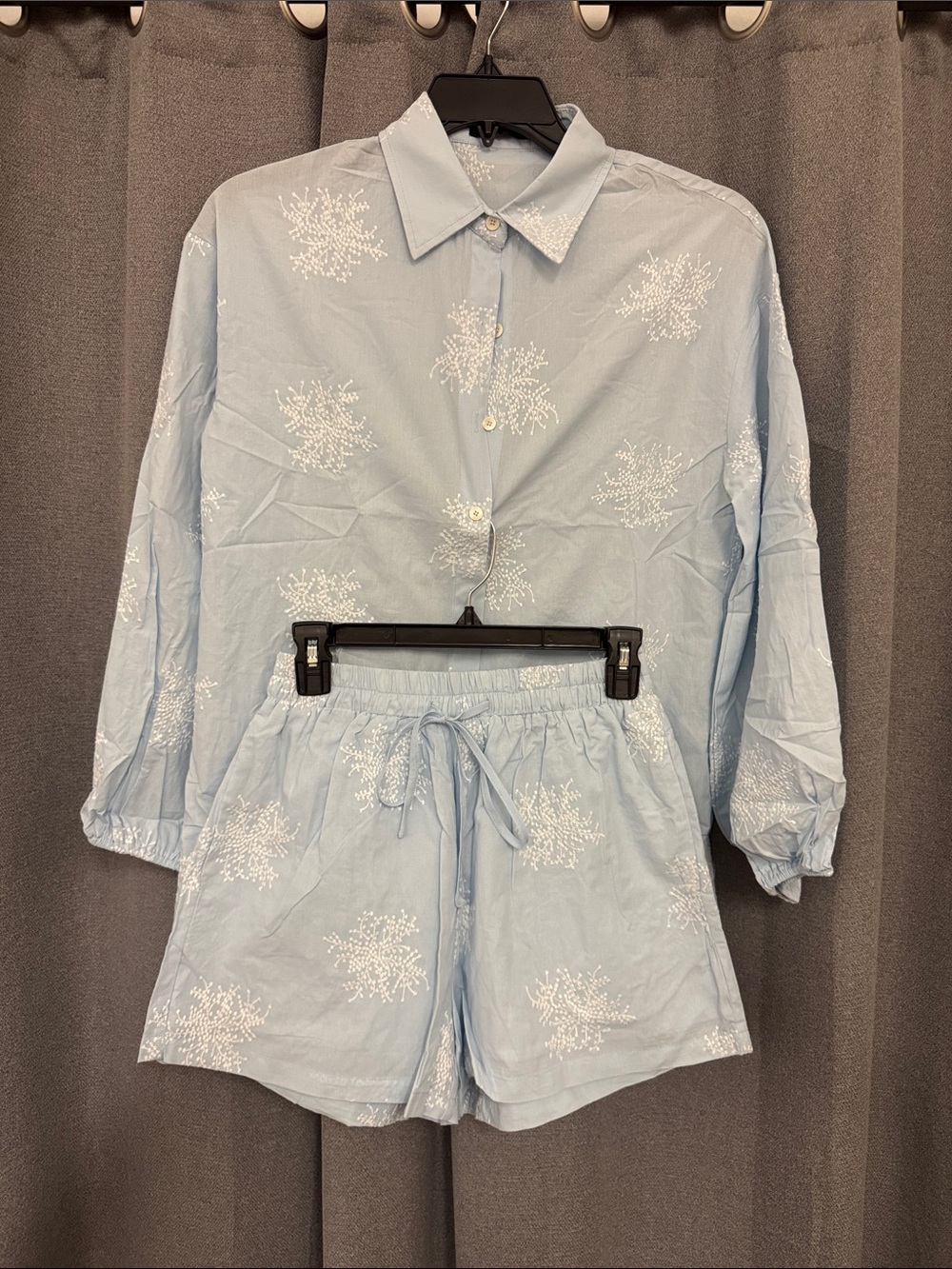 Commense Light Blue Embroidered Two-Piece Shirt & Short Set